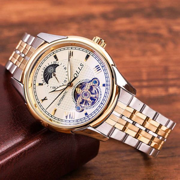 

flywheel mechanical automatic new qiluoshi 6-digit lunar phase men's watch 8028 time can be, Slivery;brown