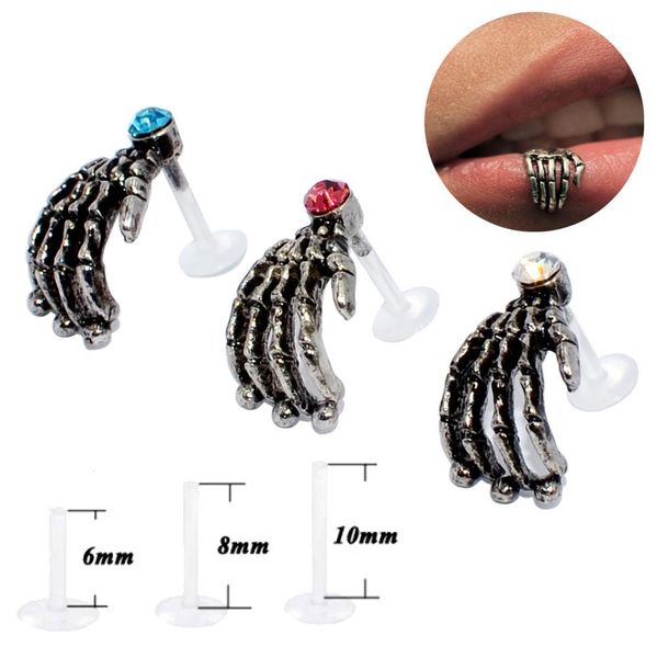 

1pc cz gem skull hand bioplast flexible labret monore lip ring ear stud tragus cartilage helix earring fashion piercing jewelry q sqcutj, Silver
