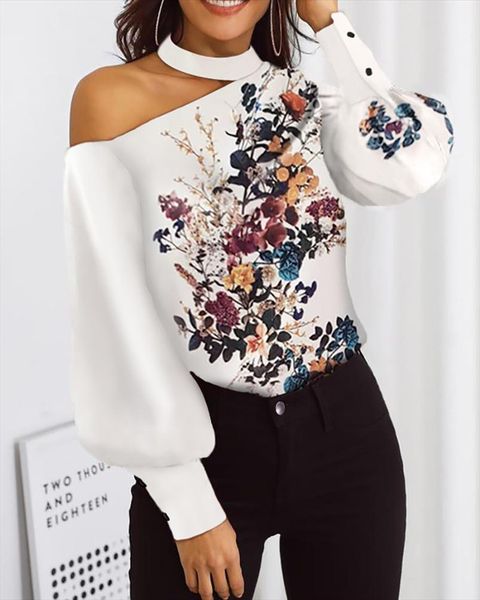 

2020 autumn women fashion long sleeve loose chic shirt elegant blouse mock neck cut out floral print lantern sleeve blouse, White