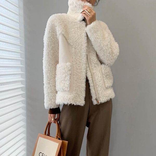 

women's fur & faux ptslan 2021 real wool outerwear classic winter good quality sheep coat short soft softp7618, Black