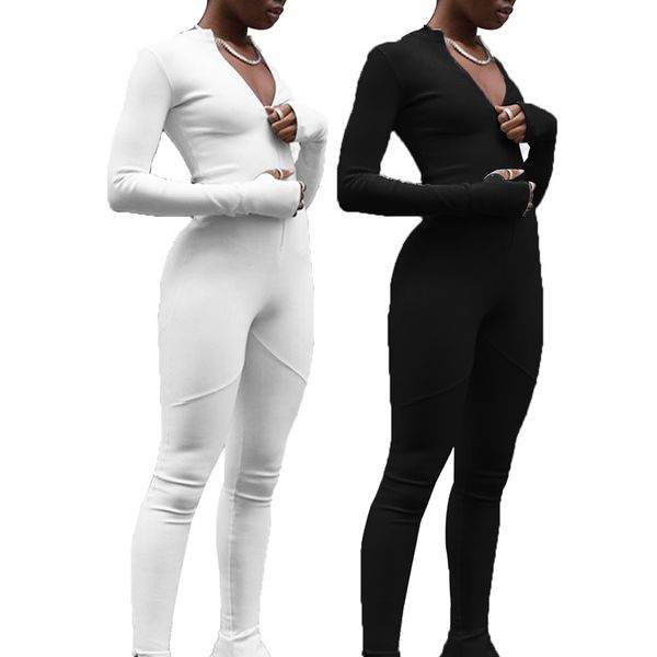 

women's jumpsuit elegant long sleeve workwear night party solid color slim jumpsuit streetwear 201007, Black;white