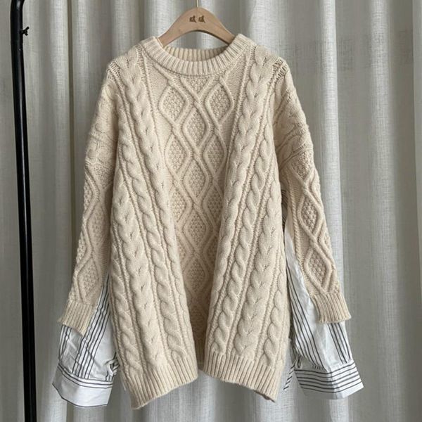 

women's sweaters zcsmll plus size slimming knit sweater women thick long sleeve split mid-length stitching striped pullover 2021 spring, White;black