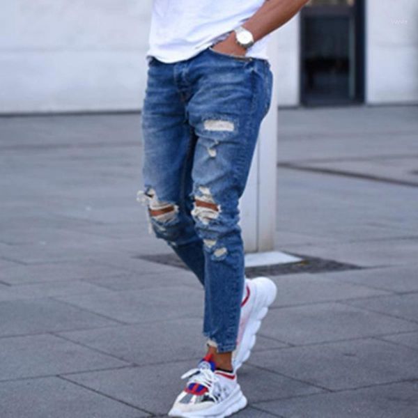 

retro motorcycle men jeans european and american ripped men jeans casual riding pants ripped long hip hop pants1, Blue