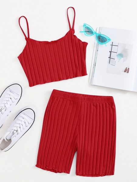 

lettuce trim cami & biker shorts set p0ec#, White