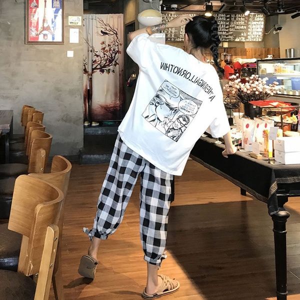 

women's korean-style loose short-sleeved cartoon plaid pants social two-piece suit women's korean-style loose short-sleeved cartoo, Gray