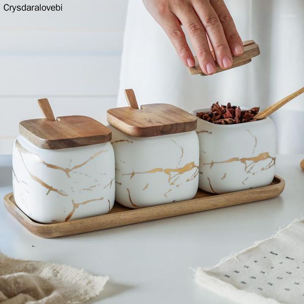 

kitchen supplies marble texture seasoning jar set ceramic cruet salt pepper bottle wood tray kitchen seasoning tool storage tank1