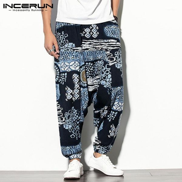 

men printed harem pants elastic waist retro casual joggers loose drop-crotch trousers men streetwear wide leg pants incerun 20201, Black