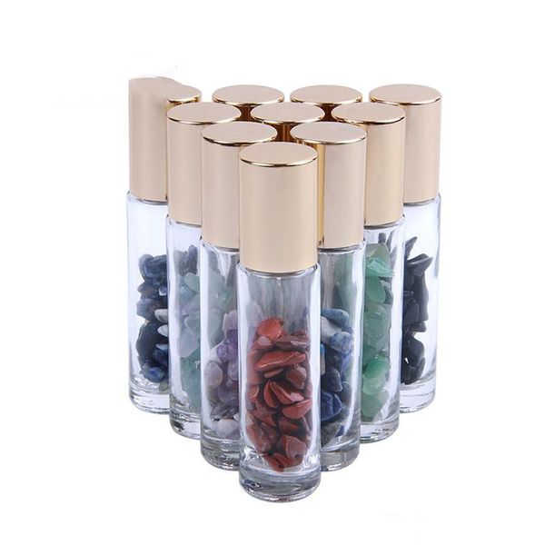 Parfümflasche, natürliche Halbedelsteine, ätherisches Öl, Edelstein-Rollerball-Flaschen, klares Glas, Heilkristall-Chips, 10 ml-Verpackung