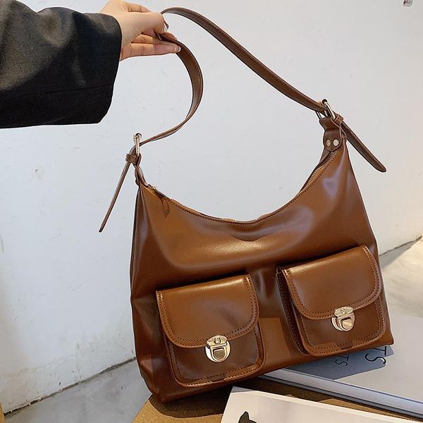 

fashion solid color pu leather bag shoulder bag for women 2020 multiple pockets designer handbag large capacity handle bags