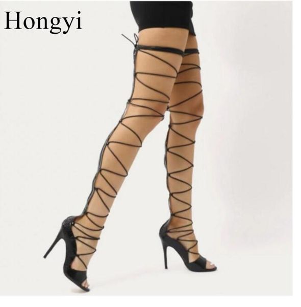 

hongyi dress shoes women open toe thin high heeled sandal botas lace up over the knee boots summer shoe big size, Black