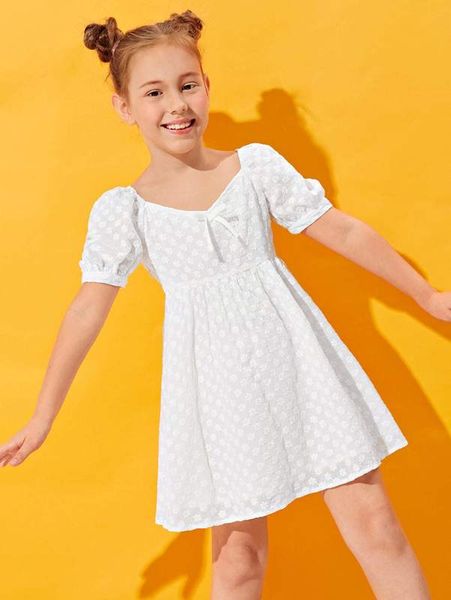 

girls puff sleeve knot front embroidery dress she, Red;yellow