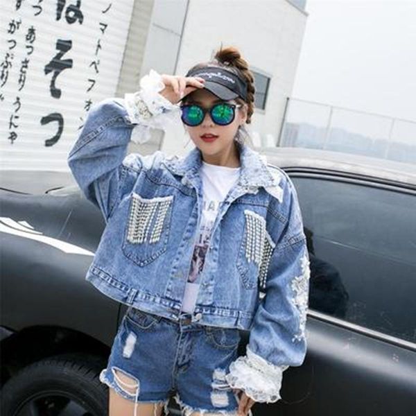 

women's jackets jeans jacket women casacos feminino slim lace patchwork beading denim lady elegant vintage coat, Black;brown