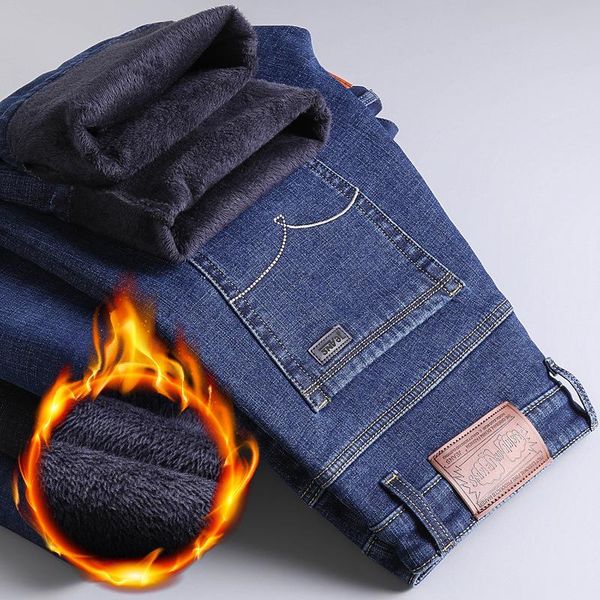 

winter men's warm jeans 2020 new classic style business casual thicken elastic denim pants male brand trousers blue black