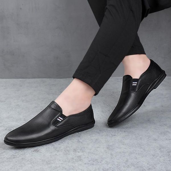 

goodrsson casual leather shoes men fashion casual first layer cowhide leather shoes solid flats men formal dress leathershoes, Black
