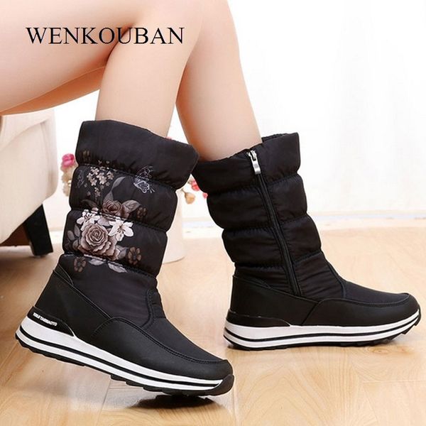 

mid-calf snow boots women waterproof winter shoes platform rubber boots plush females hoes ladies wedge fur botas mujer invierno y200915, Black