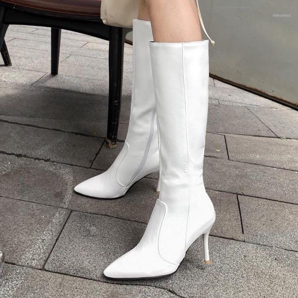 

boots bonjomarisa plus size 34-45 ins white pointed toe mid calf women zipper thin heel brand shoes woman1, Black