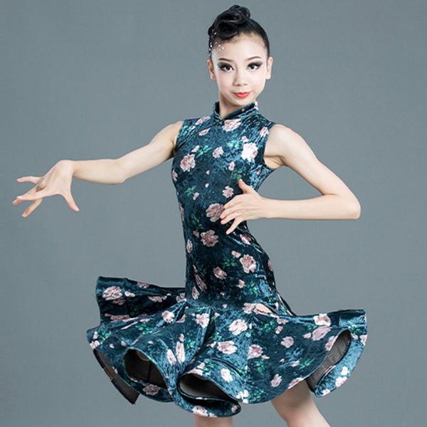 

latin dance dress kids sleeveless vintage velvet cheongsam dresses rumba cha cha samba salsa competition performance wear dn5297, Black;red