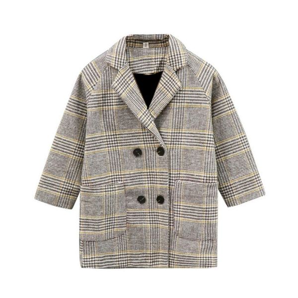 

autumn and winter girls mid-length houndstooth wool coat kid size140cm, Black;white