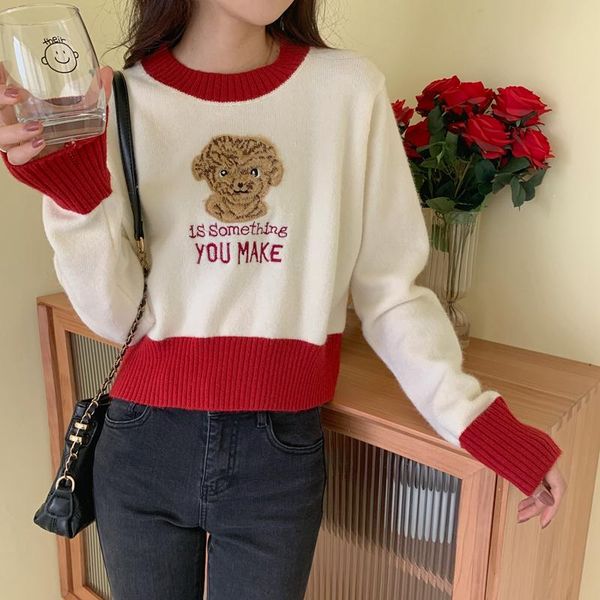 

женщины с длинными рукавами высокой талии обрезанных top сладкой симпатичные животными вышивка цвет контраст пуловер свитер, White;black