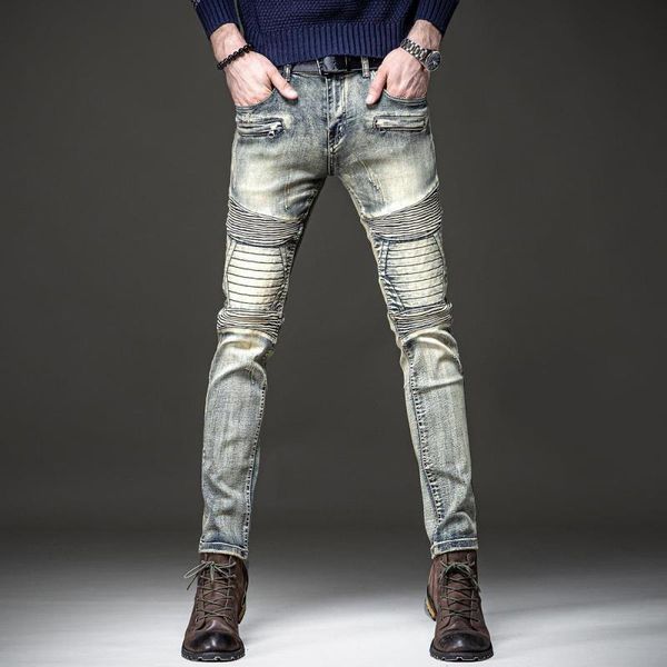 

men's jeans 2021 male threaded retro european trendy brand motorcycle korean old trend street denim pants, Blue