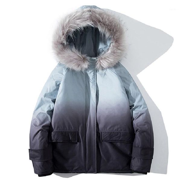 

winter fur collar parkas men's jacket gradient cotton coat padded jackets men fashion zipper outerwear coats bomber jacket1, Black