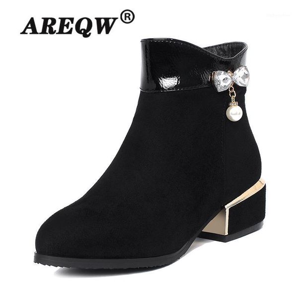 

boots leather women winter shoes fashion 2021 platform warm solid short plush woman cross-tied1, Black