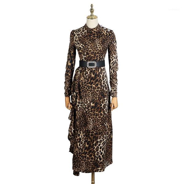 

menkay] diamond buckle belt high waist leopard print side ruffles maxi dress woman long sleeve 2019 spring new fashion clothing1, Black;gray