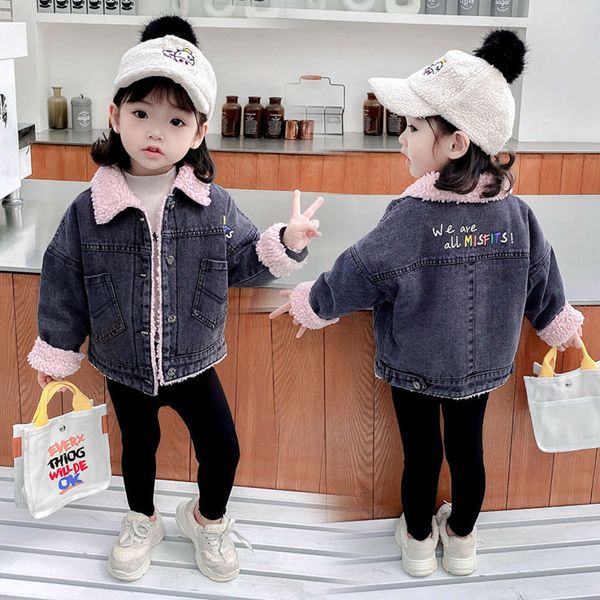 

thickened autumn 2020 baby's plush and girls' winter cardigan denim et children's coat, Black