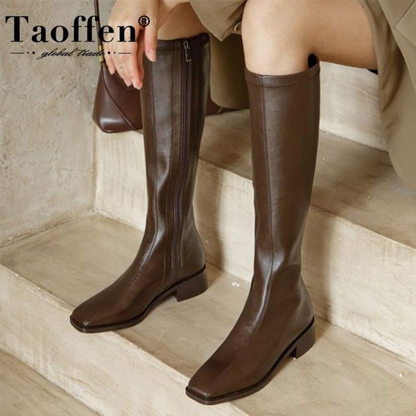 

boots taoffen real leather women knee flats square toe zipper shoes warm winter fashion footwear size 33-40, Black