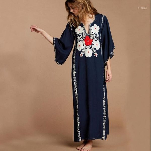 

boho floral chic dress 2020 beach sundress mexican embroidery frocks loose casual female dresses summer moroccan kaftan1, Black;gray