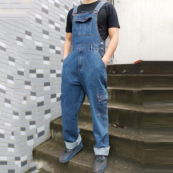 

denim jumpsuits men jeans pants men's denim overalls multi-pocket straight pants rompers trousers oversized male work clothing, Blue