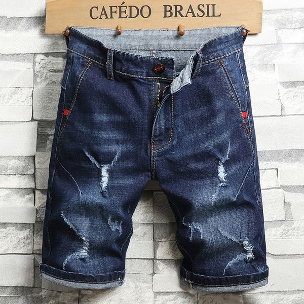 

summer new classic men's jeans shorts fashion casual hole brand elastic force regular fit denim shorts male black blue t200718, White;black