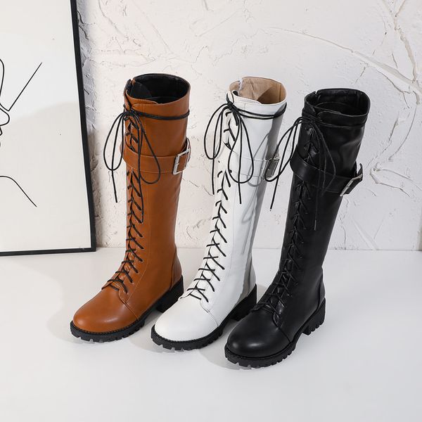 

ymechic cross tie lace up knee high boots chunky heels white black buckle long knight biker riding motorcycle boots female shoes