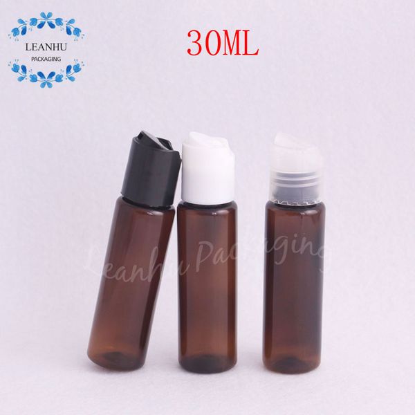 Bottiglia di plastica a spalla piatta marrone da 30 ml con tappo superiore a disco, contenitore cosmetico vuoto per sub-imbottigliamento di shampoo 30CC/lozione