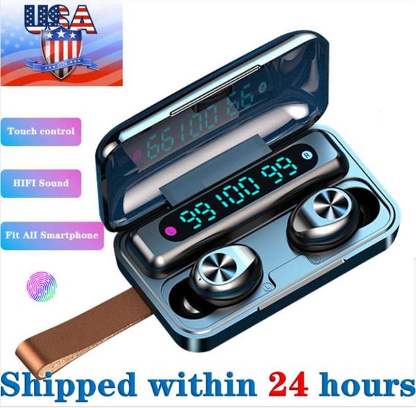 

earphone wireless usa stock 5.0 bluetooth headphone f9-10 tws touch earphones waterproof led display power bank sports earbuds