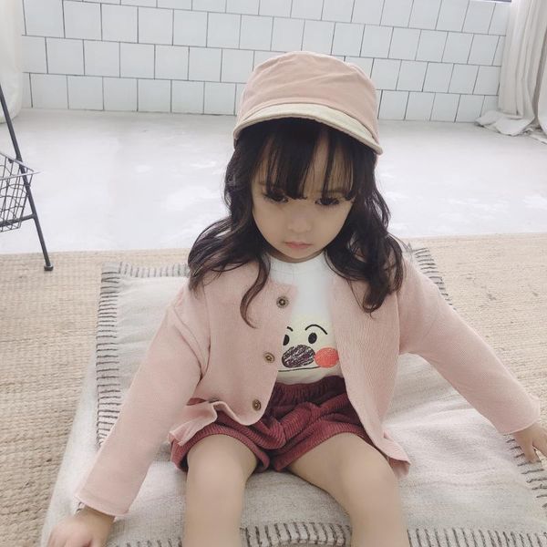 

new autumn dress children's knitted wooden ear cardigan baby's simple printed jacket single row button, Blue;gray