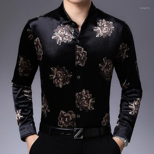 

male velvet shirt autumn floral long sleeve clothes mens flowers printing shirts long sleeved1, White;black