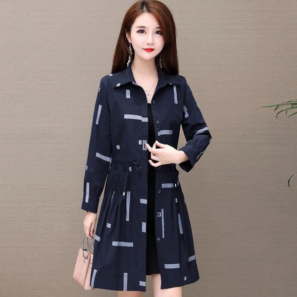 

women windbreaker spring and autumn jacket single-breasted drawstring printing mid-length 5xl fashion wild casual manteau femme, Tan;black