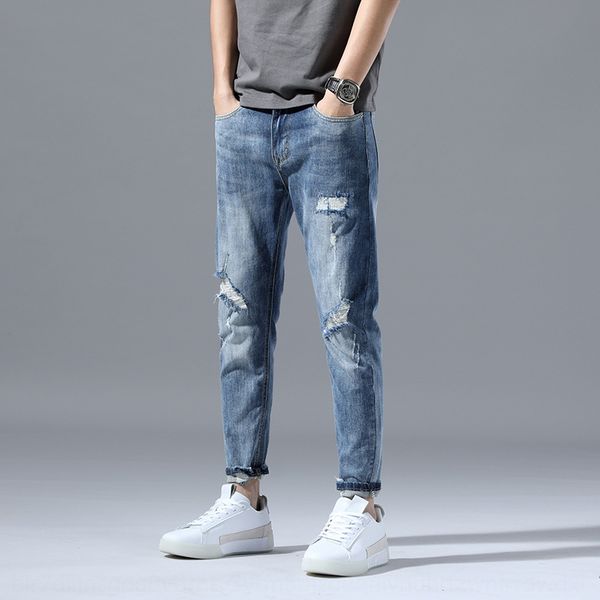 

spring and summer new loose elastic slim fit capris youth fashion 9-point small and jeans leg jeans trend gg9ap, Blue