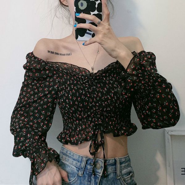 

2021 new puff sleeve women ruffles short chiffon female 2021 new casual clothes lady spring party blouse 4pee, White