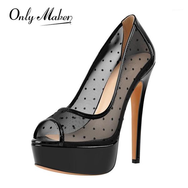 

onlymaker women's black platform peep toe mesh spike slip on pumps thin high heel party big size us5-us15 shoes1
