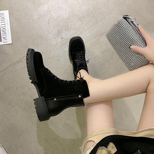 

british style boots women 2020 autumn thick-soled short lace-up cotton shoes winter all-match women's, Black