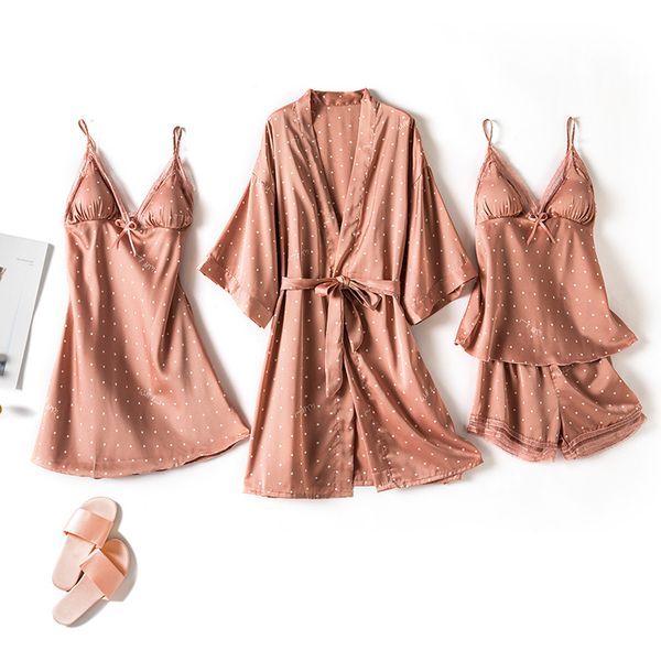 

Print Dot Lady Nightwear Satin 4PCS Pajamas Set For Women Silky Sleepwear Kimono Bathrobe Gown Cute Loose Pijamas Sleep Suit, 4pcs black