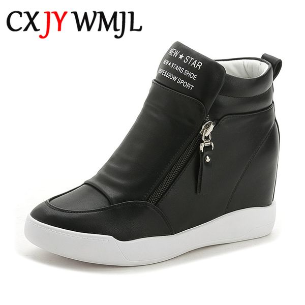 

women casual sneakers white pu platform shoes ladies wedge sports shoe fashion woman black chunky side zipper vulcanized shoes 201105
