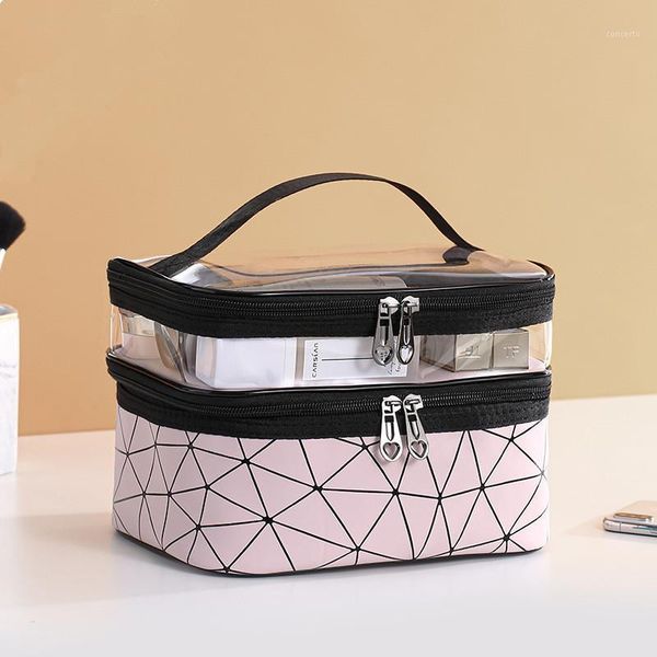 

women double layer cosmetic bag pu make up organizer bags travel waterproof toiletry storage pouch beautician makeup cases box1
