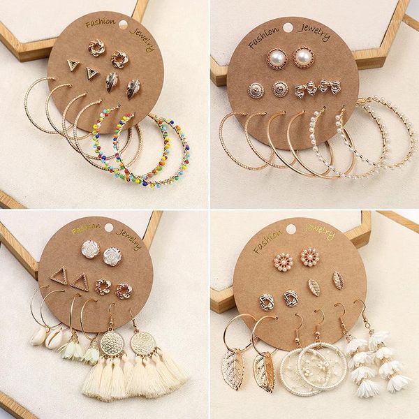 

6pairs/set fashion gold color big round circle dangle earrings set for women girls colorful beads flower tassel earrings jewelry1, Silver