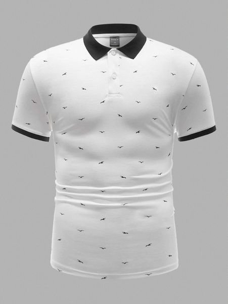

men birds print contrast binding polo shirt n7uy#, White;black