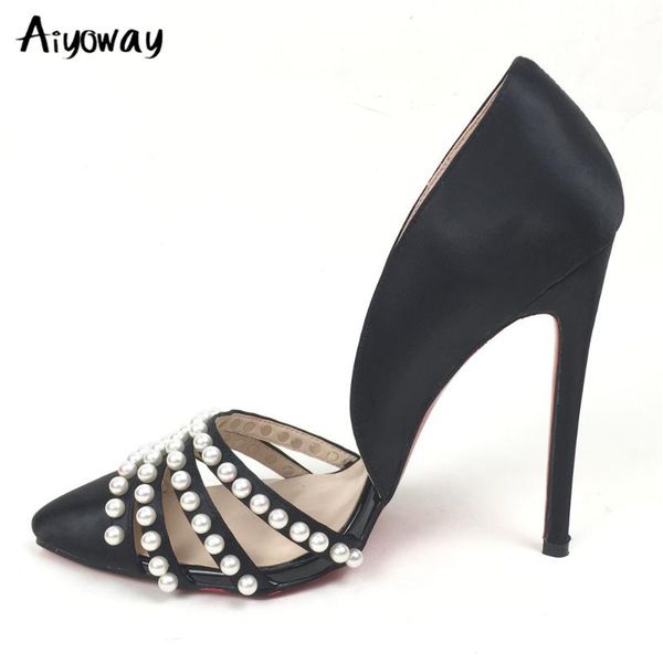 

aiyoway new design pearl studded stiletto heel pumps lady pointed toe satin high heel wedding shoes real ps dress shoes, Black