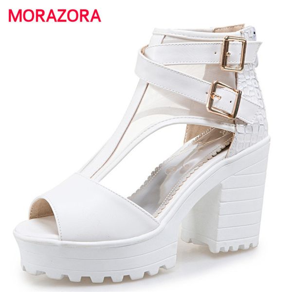 

morazora big size 34-43 women sandals high heels shoes zipper platform buckle pu platform shoes party fashion summer 0928, Black