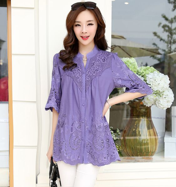 

2021 new new summer women blouses plus size women clothes casual print lace embroidery patterms hllz, White